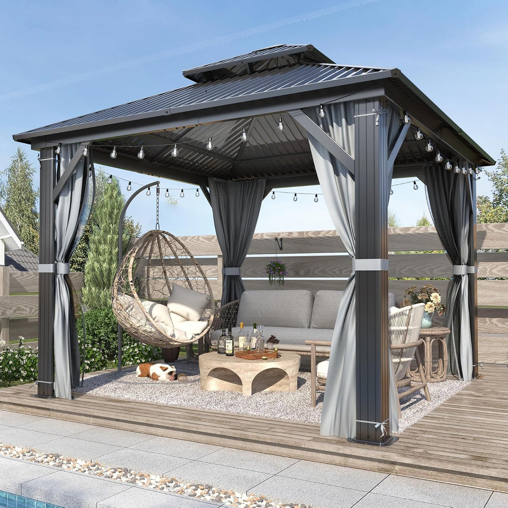 COVERONICS 10' x 10' Outdoor Hardtop Gazebo - Aluminum Heavy-Duty Double Roof Vented Gazebo with Breathable Netting & Privacy Curtains for Patio, Porch, Garden, Lawn
