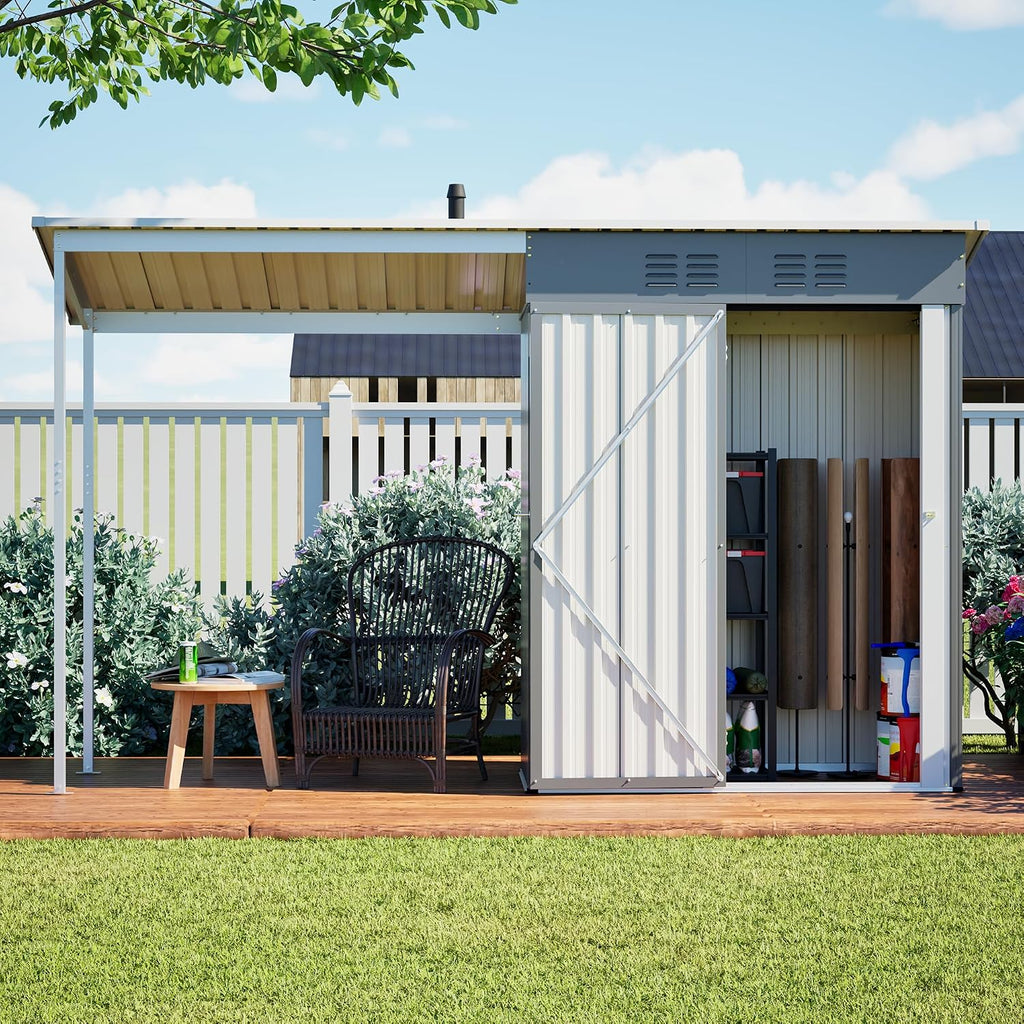 YOPTO 5×3 FT Outdoor Storage Shed & Gazebo Combo,Lean to Metal Tool Shed with Open Pergola,All-Weather 2-in-1 Garden Shed & Gazebo W/Sloping Roof and Lockable Door,for Backyard,Patio,Lawn(Gray)