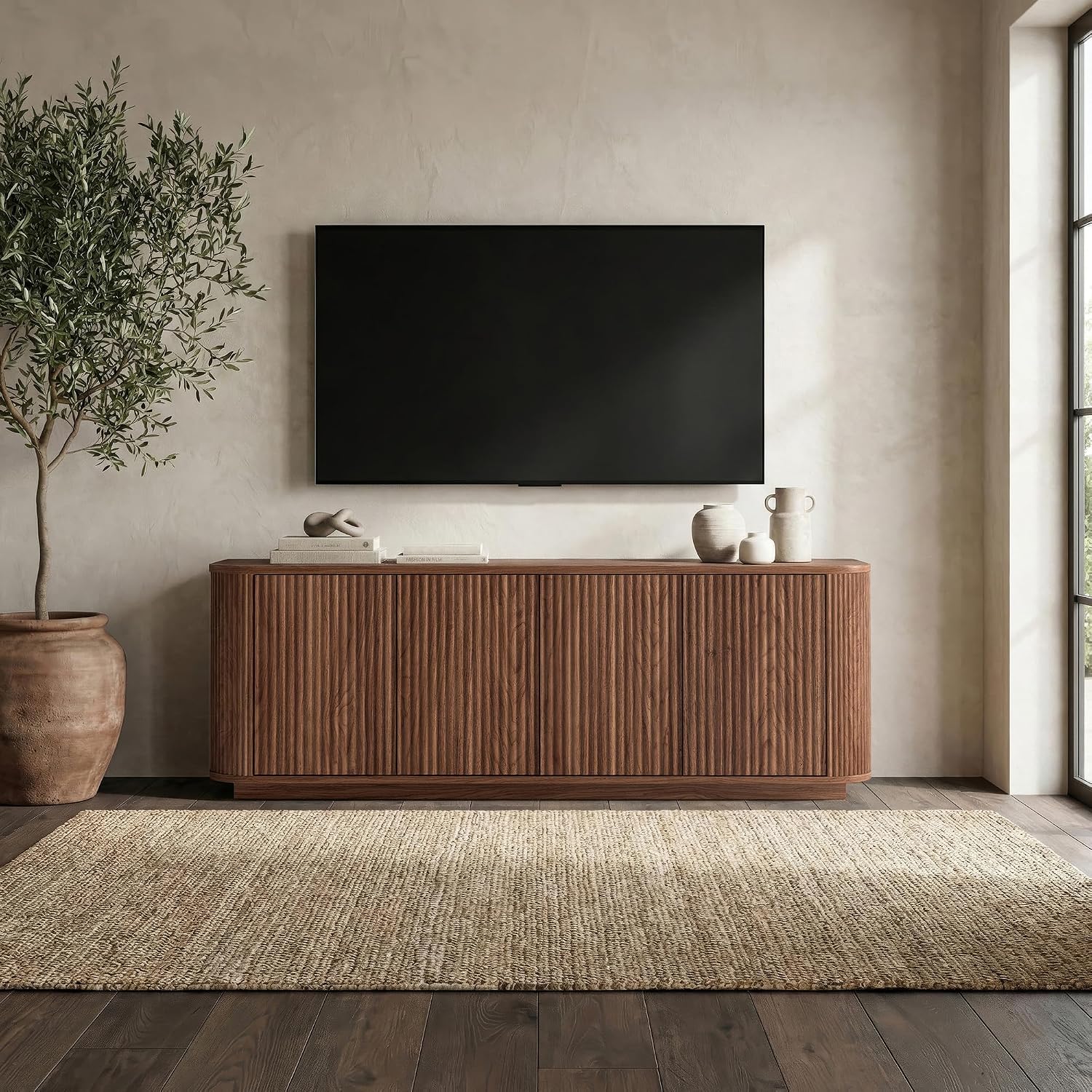 Henn&Hart TV Stand for TVs up to 75'' with 2 Ribbed Storage Cabinets with an Adjustable Shelf for Living Room, Family Room, or Office, Medium Walnut