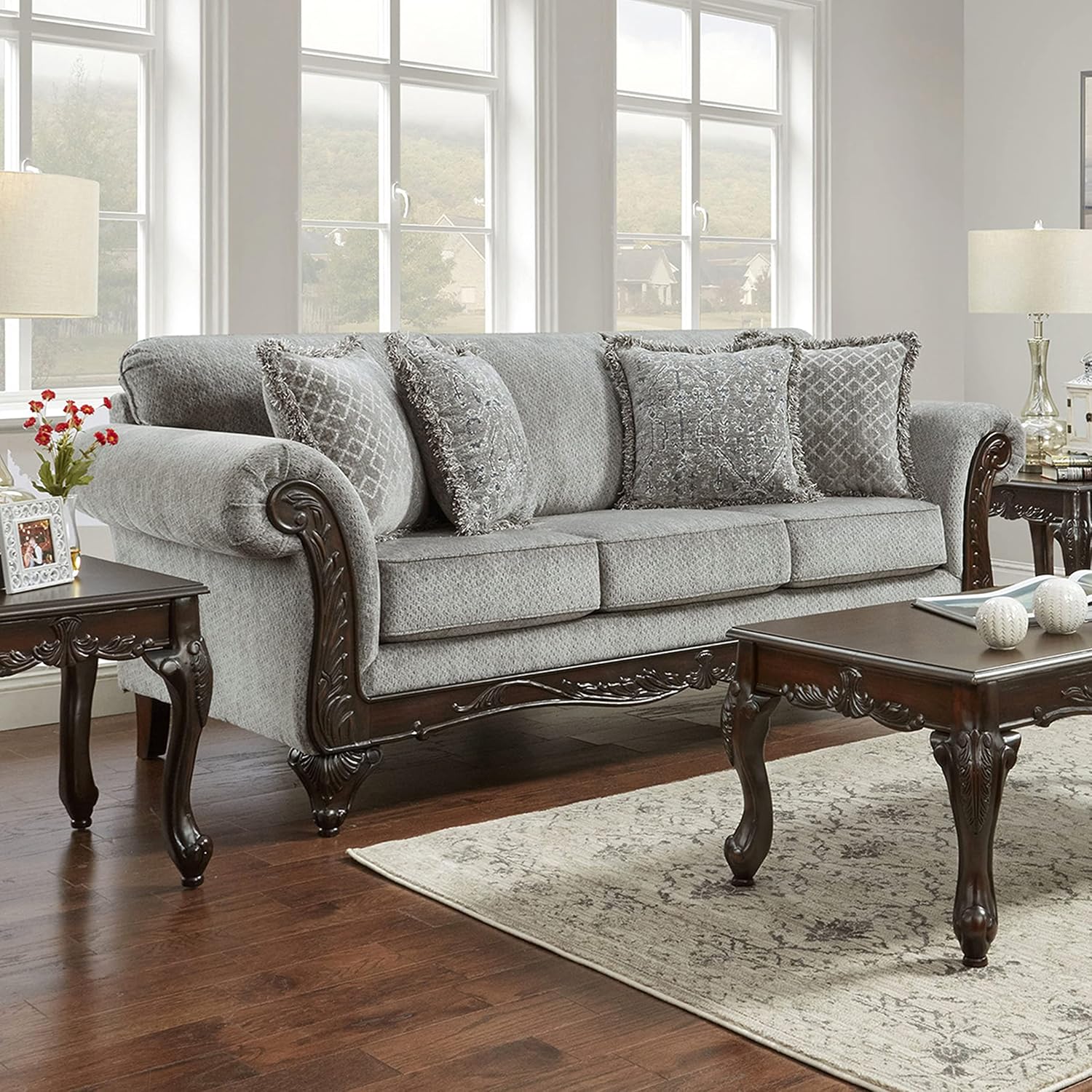 Hernen Carved Wood Frame 5-Piece Living Room Set, Gray