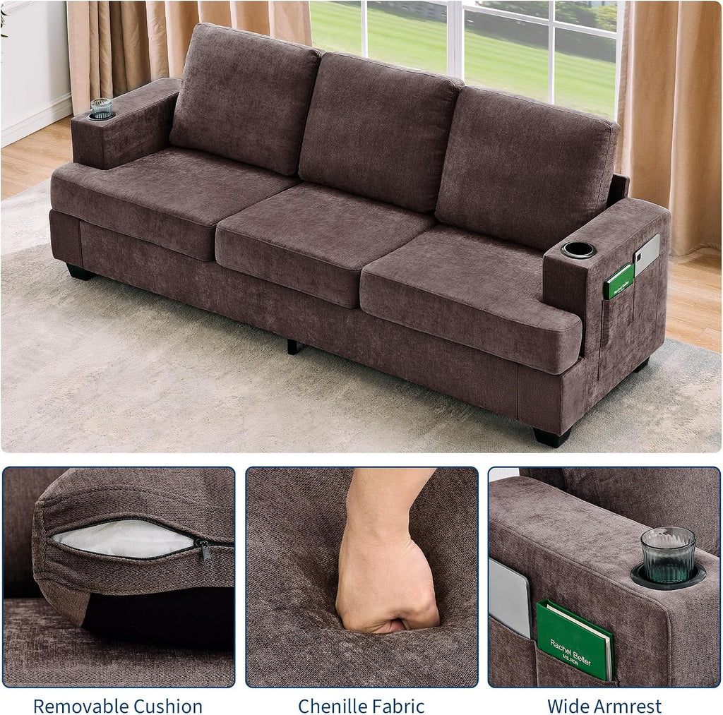 89' Chenille 3-Seater Sofa with Cup Holders and Side Storage Pockets, Modern Sofa for Living Room, Deep Seat Couches for Apartment Lounge, Brown