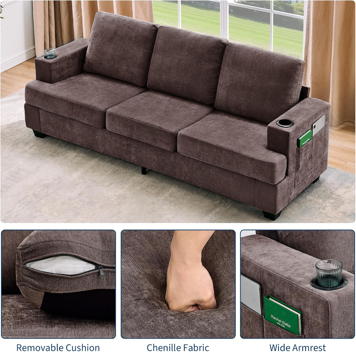 89' Chenille 3-Seater Sofa with Cup Holders and Side Storage Pockets, Modern Sofa for Living Room, Deep Seat Couches for Apartment Lounge, Brown