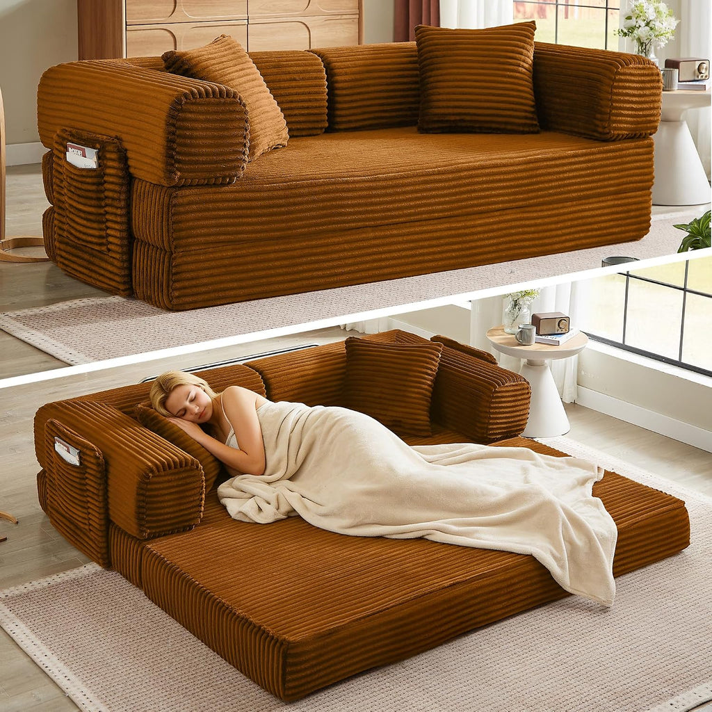 Boneless Couch Futon Sofa Bed Sectional Couches for Living Room,Cloud Couch with Sleeper Sofa,Sofas for Living Room Oversized Corduroy Upholstered (Orange, 81 Inches (with Iron Frame))