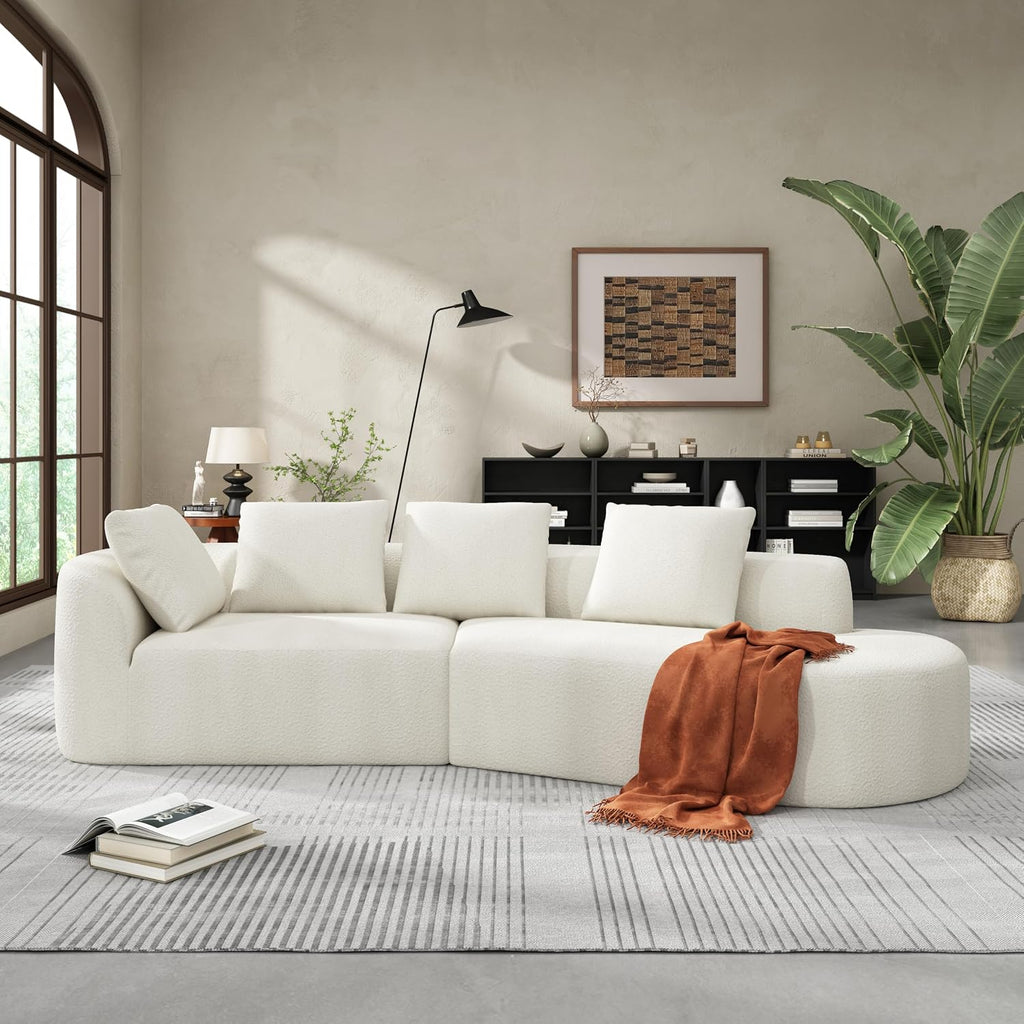Merax 116' Curved Polyester Sectional Sofa, Modern Pearl Upholstery 3 Seat Cloud Couch with Chaise Lounge & 4 Pillows for Living Room, Beige