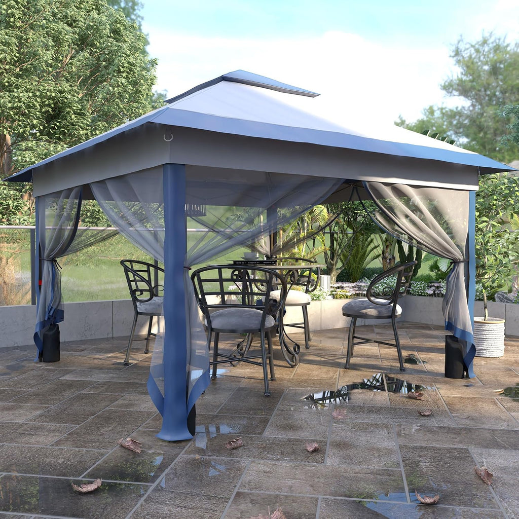 GDY 11x11FT Patio Gazebo with Mosquito Netting, Double Top with 4-Sangbags, Garden, Yard, Grassland, Grey and Navy Blue.