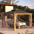 12x12ft Hardtop Gazebo, Wooden Finish Coated Aluminum Frame Canopy with Galvanized Steel Double Roof, Outdoor Permanent Metal Pavilion with Curtains & Netting for Garden, Brown (Wooden 12x12 Ft)