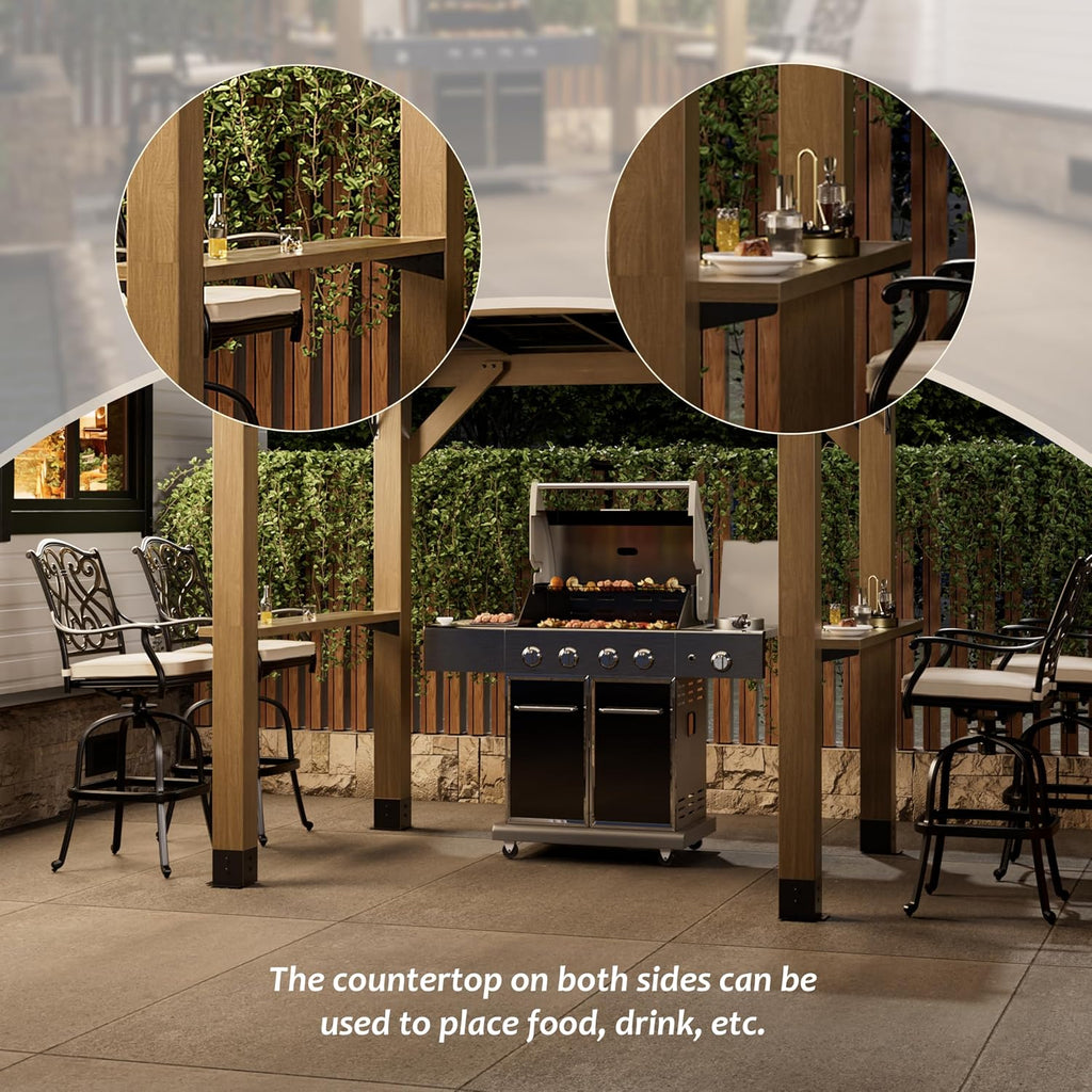 8x6 FT Cedar Wood BBQ Grill Gazebo with Hardtop Steel Sloping Roof, Wooden Outdoor Gazebo Pergola with 2 Side Storage Shelves for Barbecue, Garden, Deck, Backyard