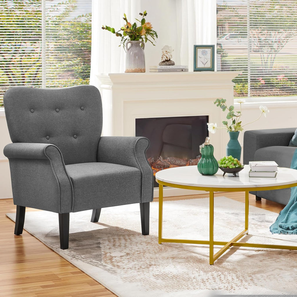 Yaheetech Modern Armchair, Mid Century Accent Chair with Sturdy Wood Legs and High Back for Small Space, Upholstered Fabric Sofa Club Chair for Living Room/Bedroom/Office, Set of 2, Dark Gray