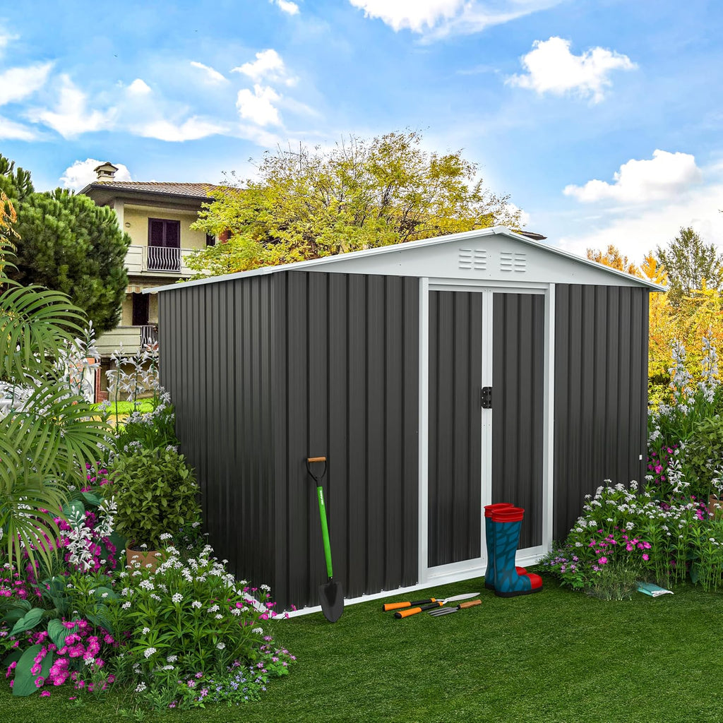 8x6 FT Large Outdoor Storage Shed, Galvanized Tool Shed, Metal Garden Shed with Apex Roof & Lockable Door, Waterproof Rust-Resistant for Patio Furniture Lawnmower Bike