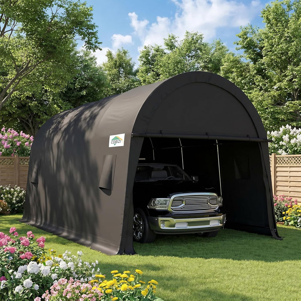 COBIZI Carport 10x15 FT Heavy Duty Portable Garage Storage Shelter Shed with All-Steel Metal Frame & Vents, Round Style Outdoor Storage Shed for Car, Truck, Boat, Patio Furniture Anti-Snow Waterproof