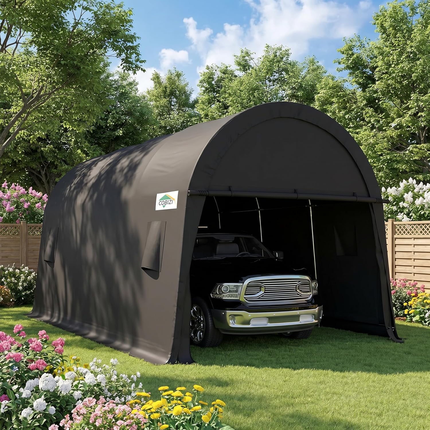 COBIZI Carport 10x15 FT Heavy Duty Portable Garage Storage Shelter Shed with All-Steel Metal Frame & Vents, Round Style Outdoor Storage Shed for Car, Truck, Boat, Patio Furniture Anti-Snow Waterproof