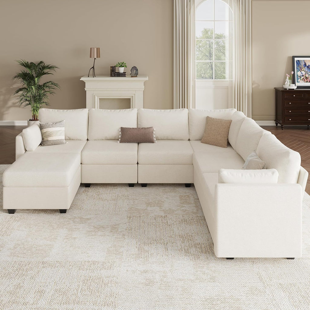 Modular Sectional Sofa Couches, Large Convertible Modular Couches with Storage, 7-Seater Sectional Sofa for Living Room, U Shaped Sectional Couch Sleeper Sofa with Chaise (Beige, 7 Seats)