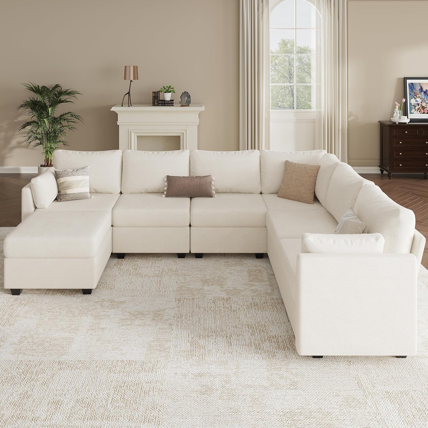 Modular Sectional Sofa Couches, Large Convertible Modular Couches with Storage, 7-Seater Sectional Sofa for Living Room, U Shaped Sectional Couch Sleeper Sofa with Chaise (Beige, 7 Seats)