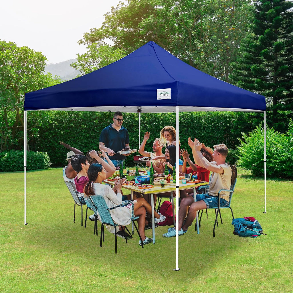 Caravan Canopy M Series Pro 2 10 x 10 Foot Lightweight Steel Frame Shade Tent with Rising Truss System, Pull Pin Sliders, and Roller Bag, Navy Blue