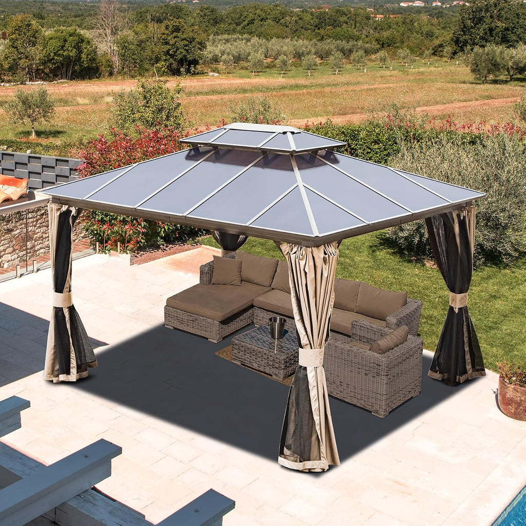 Domi Hardtop Gazebo 10X12FT, Outdoor Aluminum Gazebo with Polycarbonate Double Roof, Curtain and Netting,Permanent Pavilion for Patio Deck,Backyard, Brown