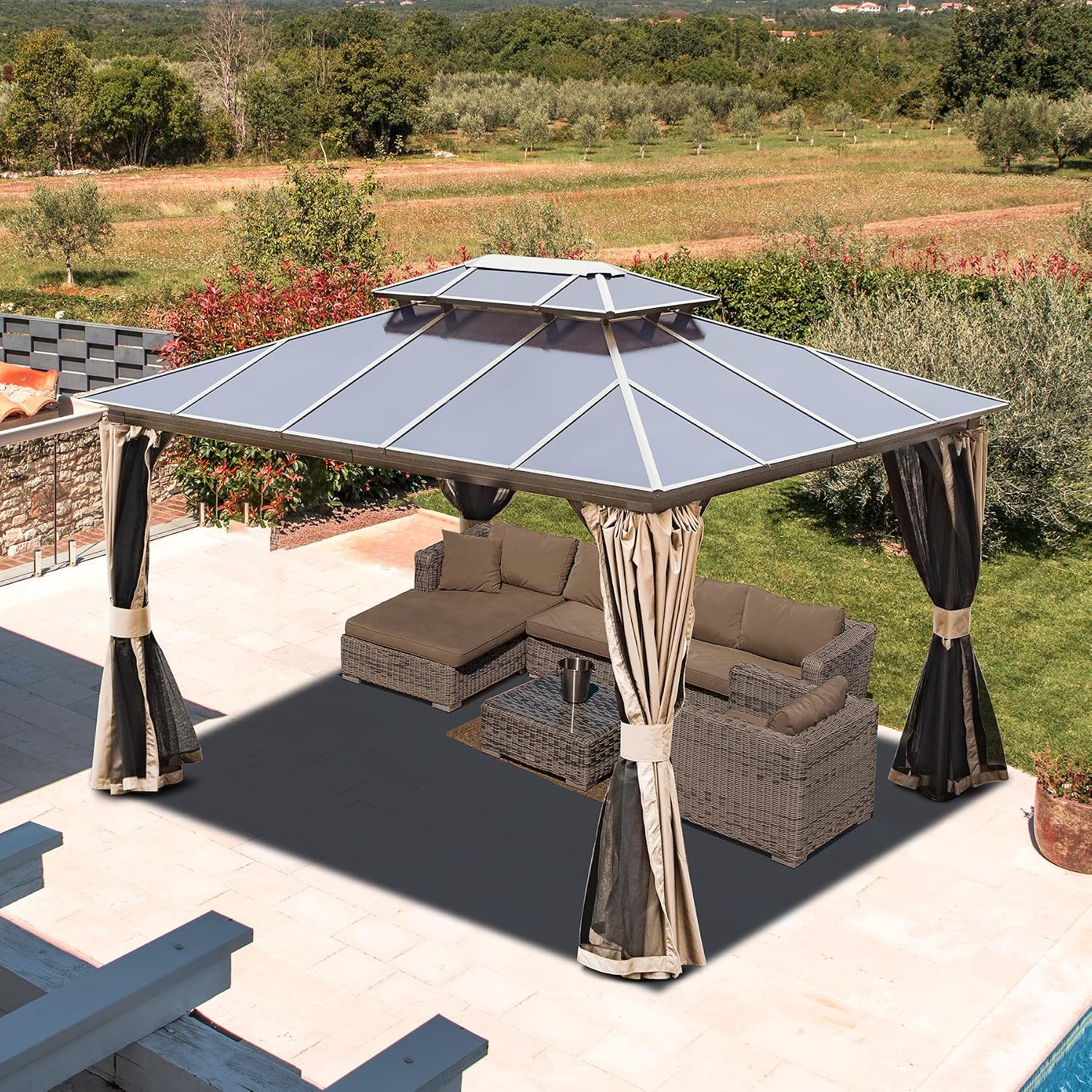 Domi Hardtop Gazebo 10X12FT, Outdoor Aluminum Gazebo with Polycarbonate Double Roof, Curtain and Netting,Permanent Pavilion for Patio Deck,Backyard, Brown