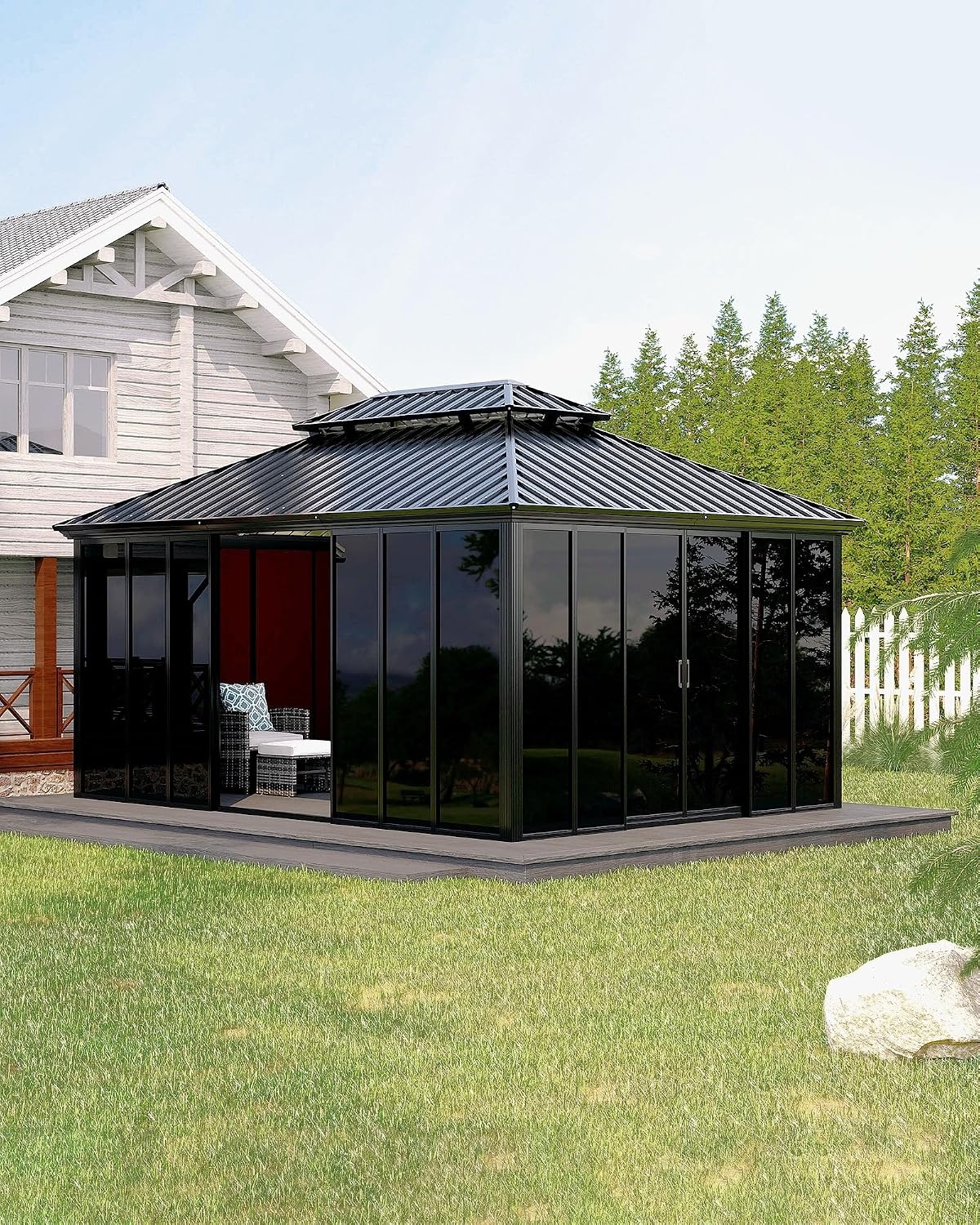 Garvee 12x16 ft Hardtop Gazebo Sunroom, Enclosed Gazebo with Floor-to-Ceiling Sliding Doors, All-Aluminum Alloy Frame, Screen Outdoor Room Solarium for Backyard, Patio, and Deck