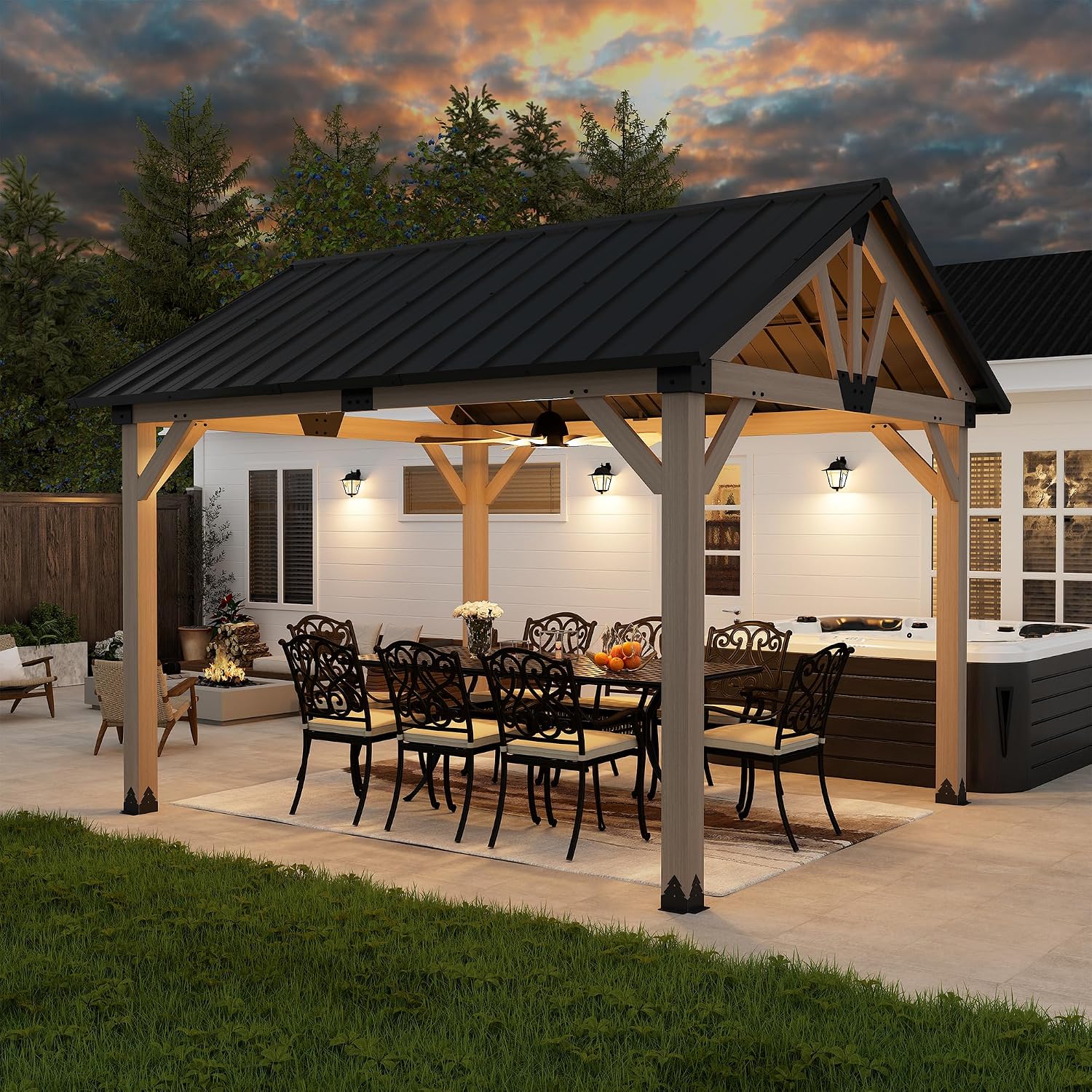10 x 12 ft Gable Cedar Wood Gazebo Premium Hardtop Permanent Gazebo Pergola with Galvanized Steel Roof Pavilion for Patio Lawn Backyard