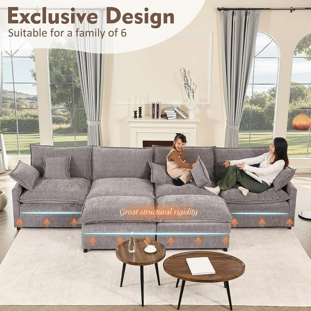 GOSUHI 142.5' U Shaped Couch, Modular Sectional Sofa, 3-Seater Comfy Cloud Couch, Set of Modular Pieces with Movable Ottoman, Deep Seat Couches for Living Room, Chenille, Slate