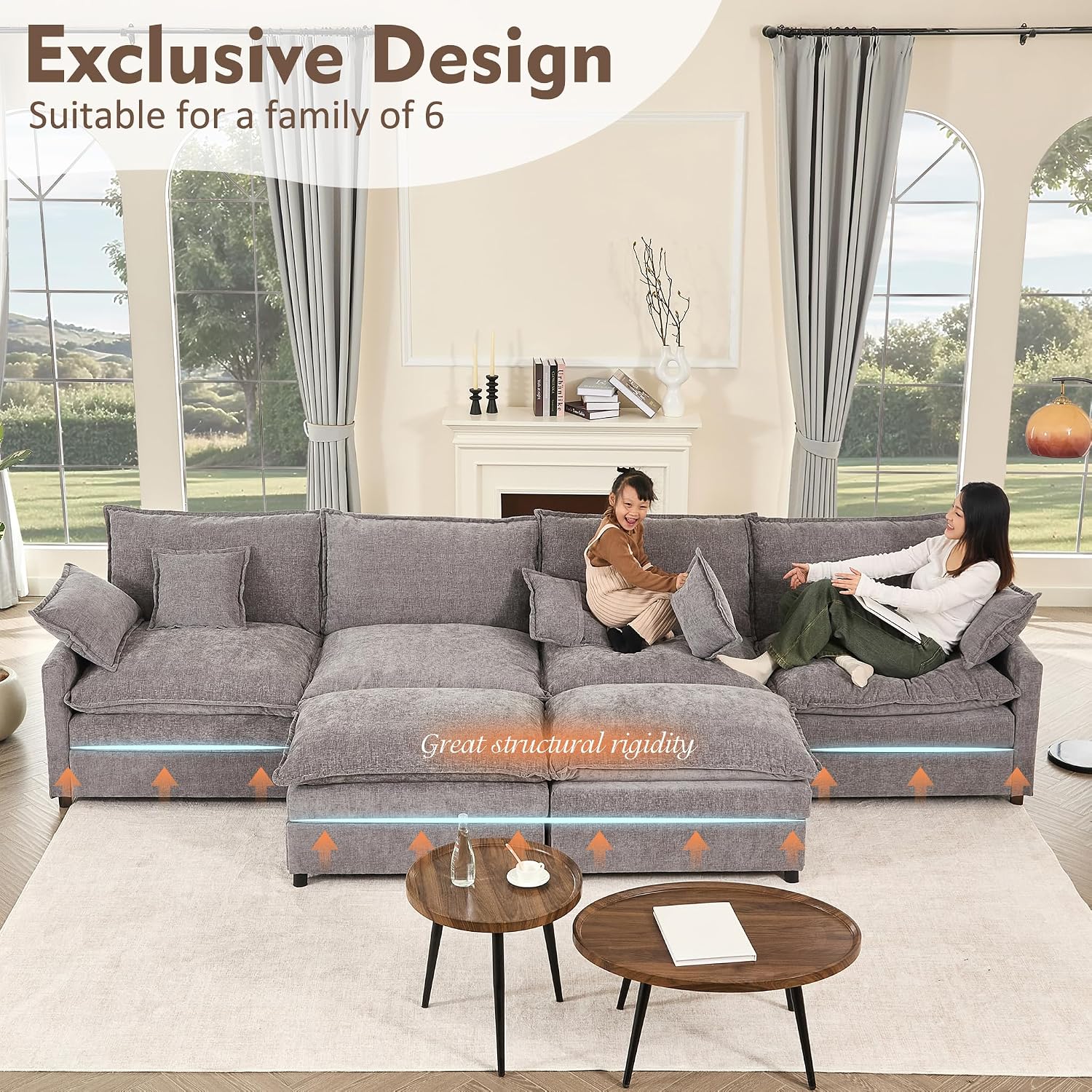 GOSUHI 142.5' U Shaped Couch, Modular Sectional Sofa, 3-Seater Comfy Cloud Couch, Set of Modular Pieces with Movable Ottoman, Deep Seat Couches for Living Room, Chenille, Slate