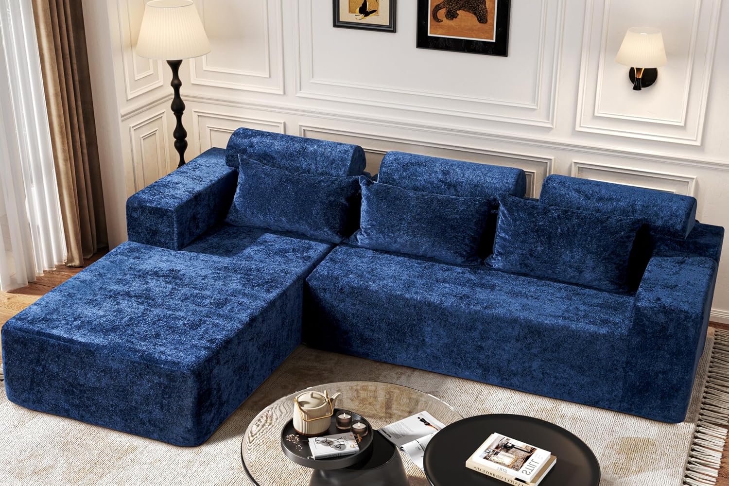 Homguava Modular Sectional Couches for Living Room,105' Cloud Couch with L-Shape Chaise,Comfy Sofa Living Room Couch with Deep Seat,No Assembly L Couch,Luxury Distressed Velvet(Blue,L)
