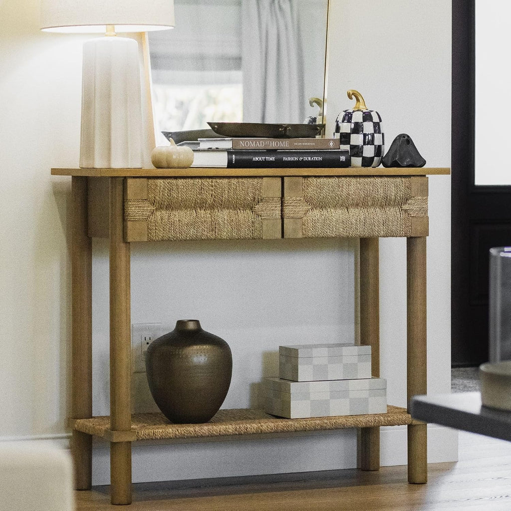 Nathan James Beacon Wooden Sofa Console Table with Drawers, Bohemian Entryway Table, Hallway Table with Seagrass Shelf, Light Brown, Set of 3