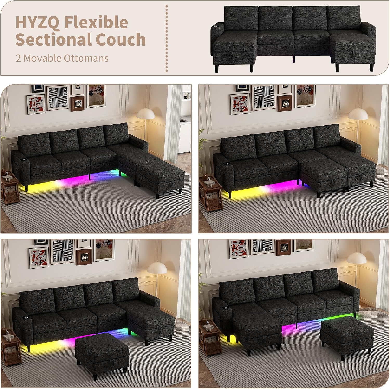 Sectional Couches for Living Room, 4 Seat Sectional Sofa with Smart Module-Wireless Charging/USB/Type-C/RGB Light, U Shaped Couch with Reversible Chaise Lounge/Storage Ottoman (Charcoal Grey)