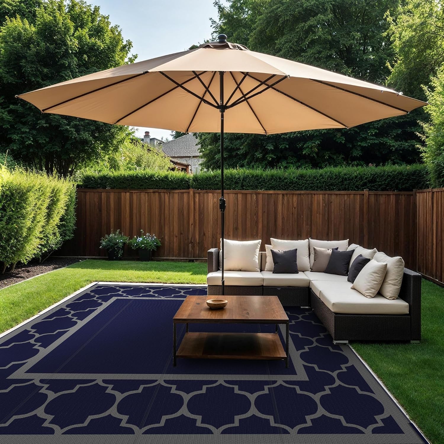 GENIMO 10 'x10 ' Outdoor Rug for Patio Clearance, Waterproof Indoor Outdoor Plastic Straw Rugs Carpet, Reversible Outside Area Rv Mat for Camping, Balcony Porch, Deck, Picnic, Beach (Blue & Grey)