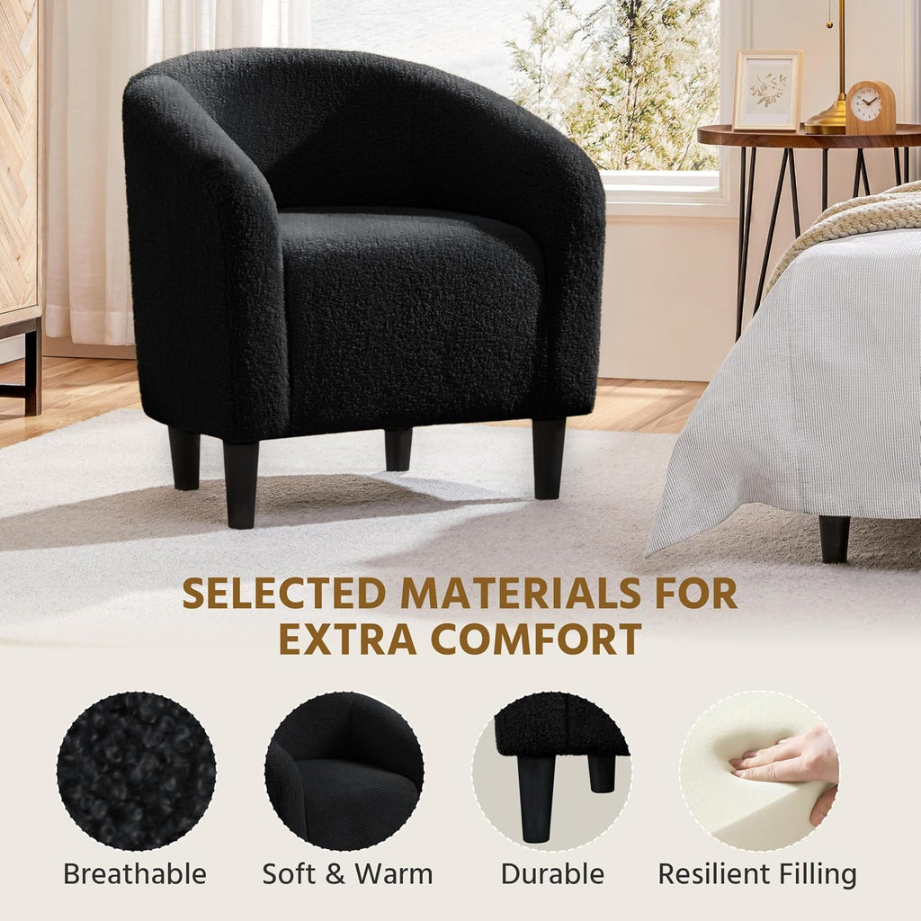 Yaheetech Accent Barrel Chair, Boucle Fabric Club Chair, Furry Sherpa Elegant Armchair with Cozy Soft Padded, Suitable for Living Room Bedroom Reception Office, Black