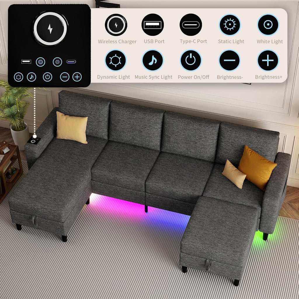 Sectional Couches for Living Room, 4 Seat Sectional Sofa with Smart Module-Wireless Charging/USB/Type-C/RGB Light, U Shaped Couch with Reversible Chaise Lounge/Storage Ottoman (Dark Grey)