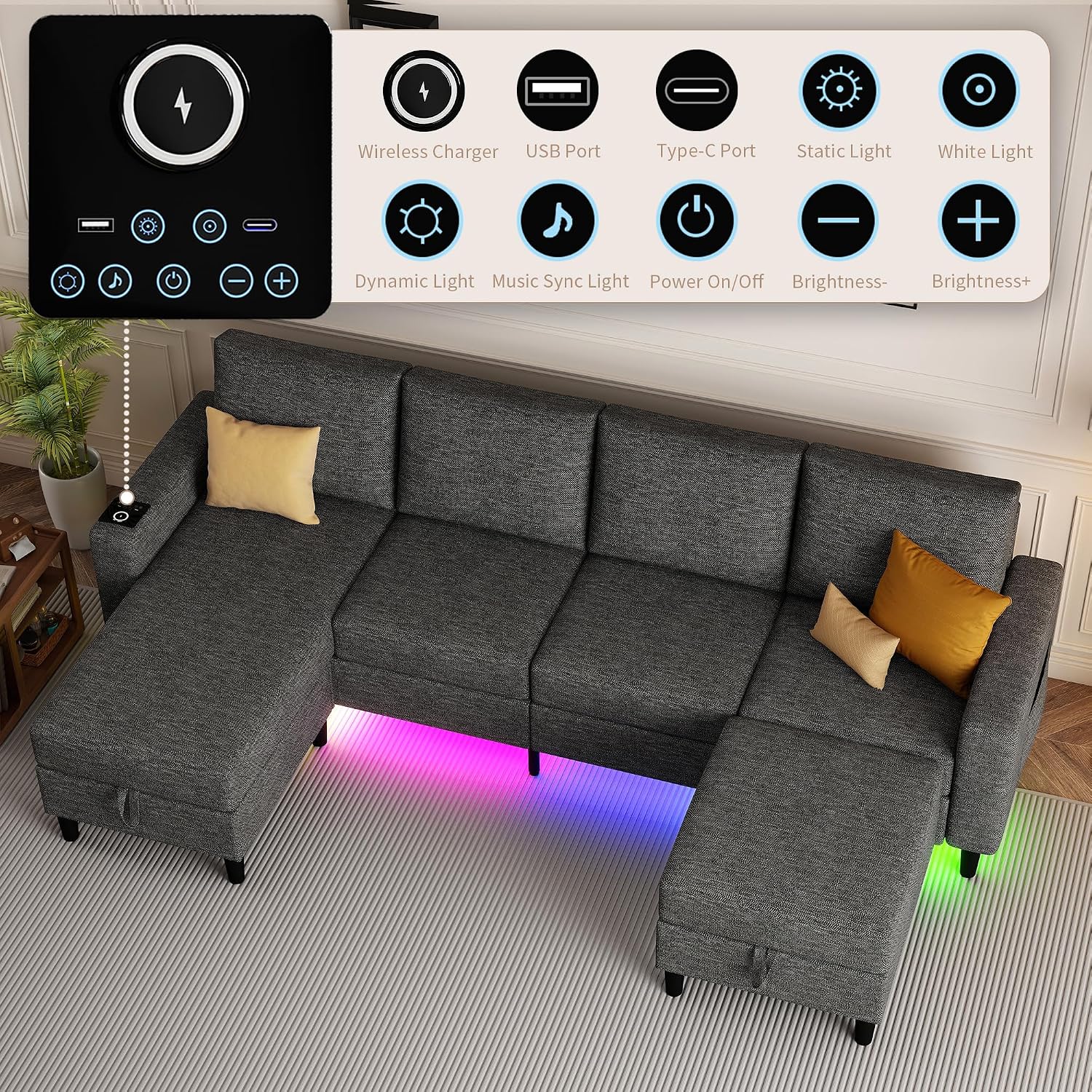 Sectional Couches for Living Room, 4 Seat Sectional Sofa with Smart Module-Wireless Charging/USB/Type-C/RGB Light, U Shaped Couch with Reversible Chaise Lounge/Storage Ottoman (Dark Grey)