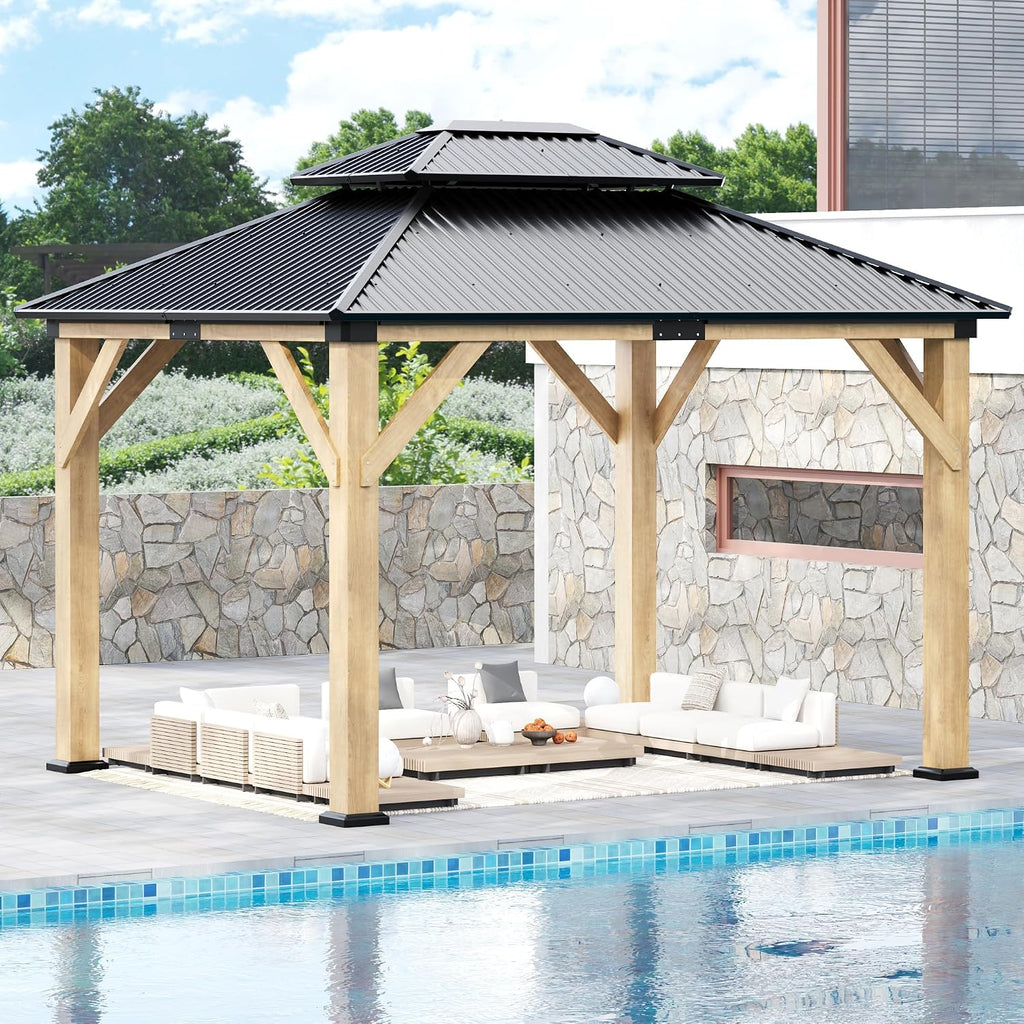 ROCSUMOO 13'x 15' Outdoor Wooden Gazebo, Patio Hardtop Gazebos with Double Roof, Double Galvanized Steel Hardtop Roof Wood Frame with Netting and Curtains (13'x 15')