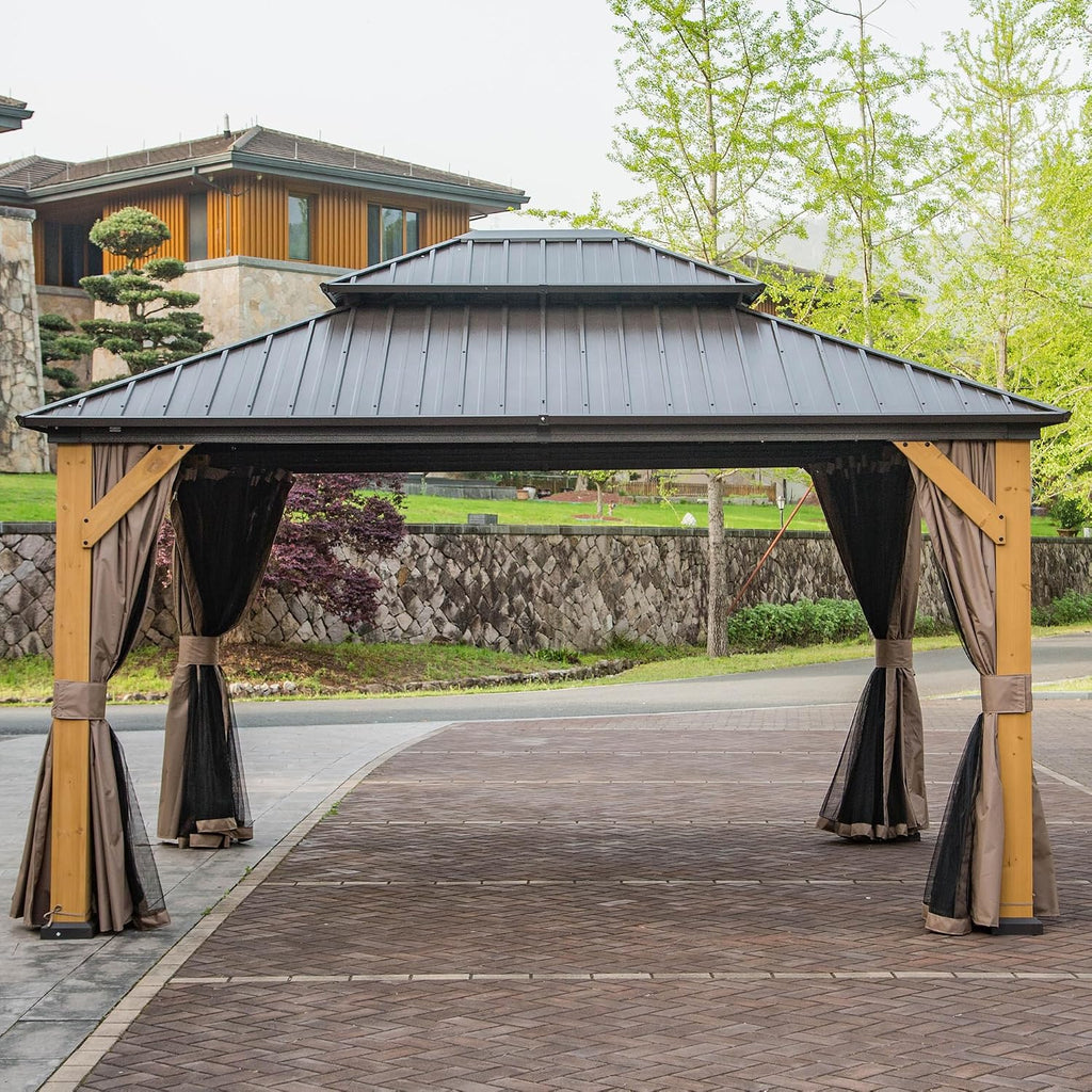 12 x 14FT Cedar Wood Frame Hardtop Gazebo with Galvanized Steel Double Roof, Curtains and Netting, Outdoor Wooden Gazebo Pergola for Patio Lawn Backyard