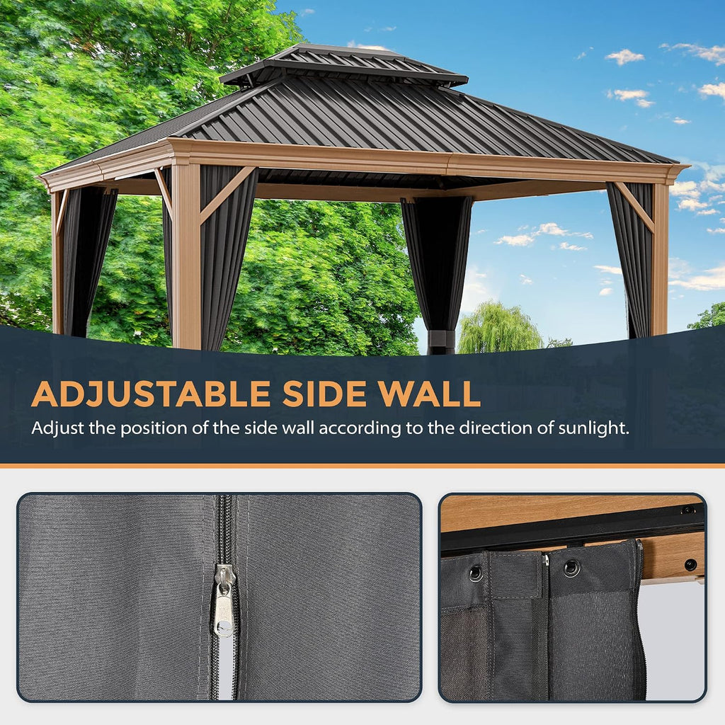 HAPPATIO 10' x 12' Hardtop Gazebo, Outdoor Wood Grain Frame Aluminum Gazebo, Double Roof Permanent Patio Canopy with Netting and Curtains for Garden, Patio, Lawns, Parties (Grey)