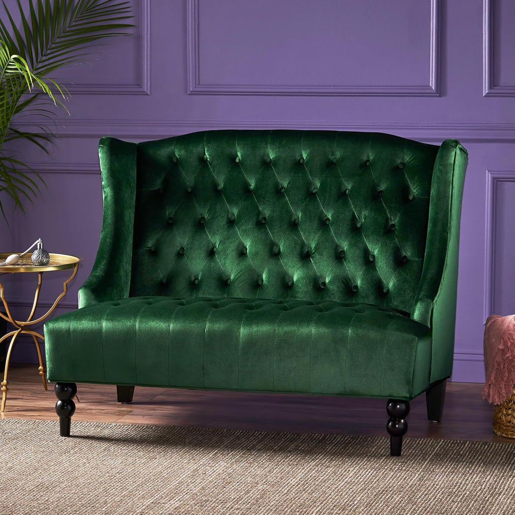 Modern Tufted Velvet Wingback Loveseat, Tufted Velvet 2 Seat Couch Sofas with High Back Thick Padded Cushioned Seats for Living Room, Victorian Style, Emerald