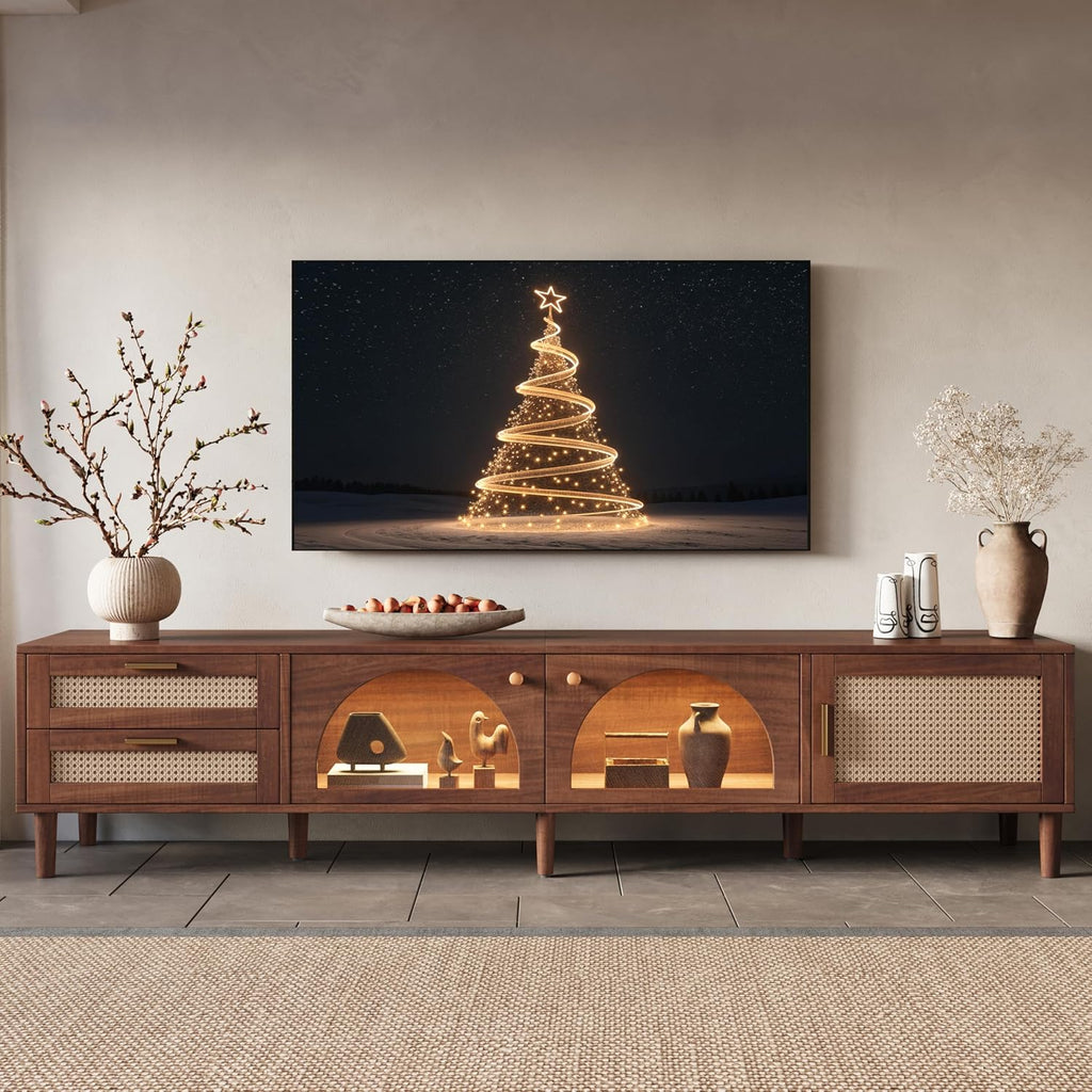 Merax Rattan TV Stand with LED Lights, 86' Entertainment Center with 3 Cabinets & 2 Drawers Media Console Table for TVs Up to 90', Solid Wood Feet, Living Room, Bedroom Furniture