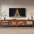 Merax Rattan TV Stand with LED Lights, 86' Entertainment Center with 3 Cabinets & 2 Drawers Media Console Table for TVs Up to 90', Solid Wood Feet, Living Room, Bedroom Furniture