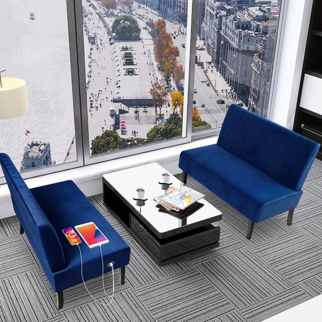 STHOUYN Mini Comfy Couch Armless Loveseat Sofa with USB Port, Velvet Couches for Small Spaces Living Room, Apartment Office Dorm (Navy Blue)