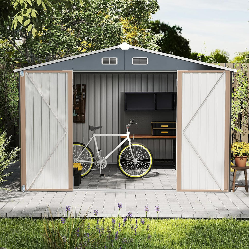 10x10 FT Outdoor Storage Shed with Lockable Door, Waterproof Metal Tool Shed for Bikes, Tools & Lawn Equipment – Gray