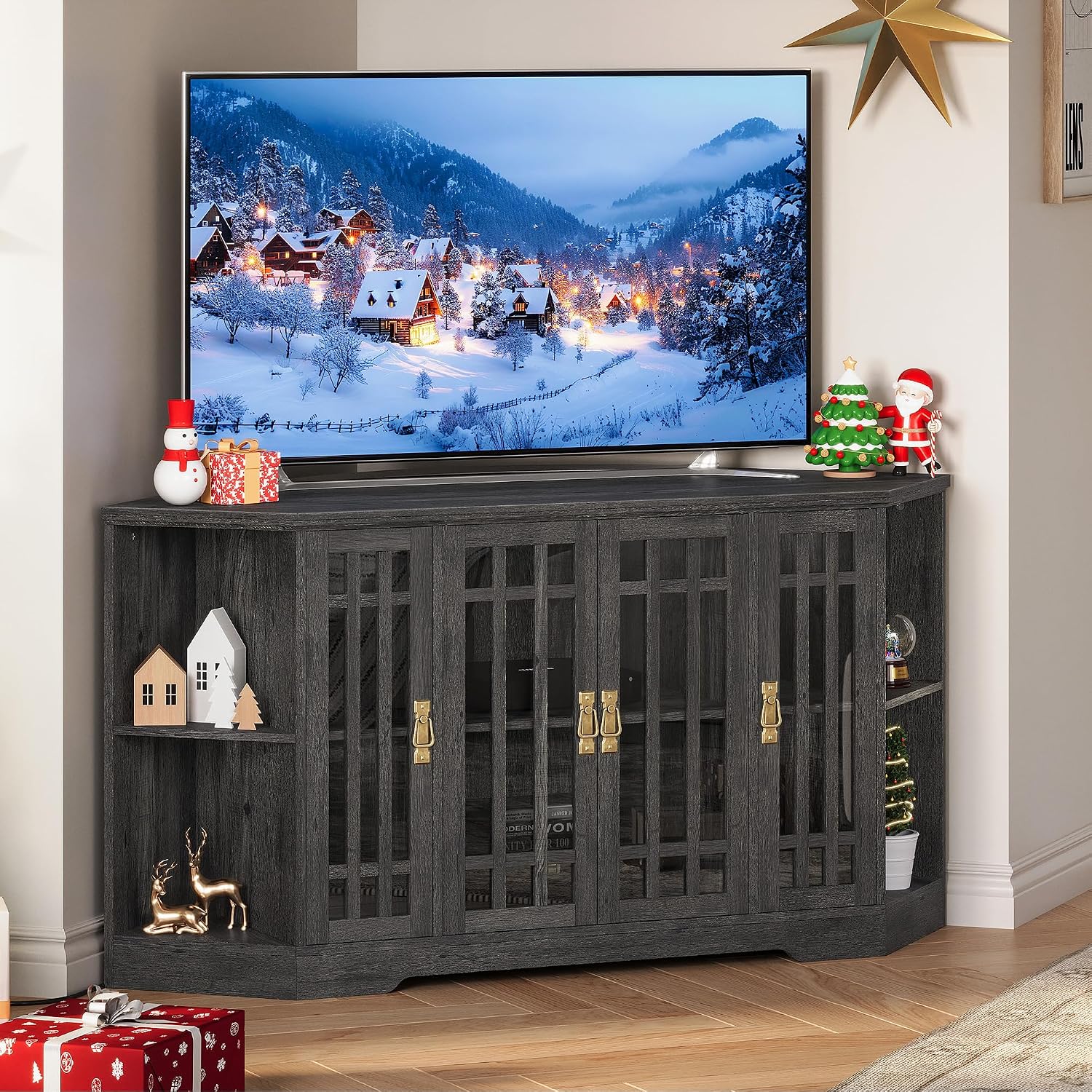 IRONCK Corner TV Stand for TVs up to 60 Inch with Power Outlet, Corner Entertainment Center with Storage Cabinet and Glass Doors, Mid Century Modern TV Stand for Living Room, Bedroom, Charcoal Grey