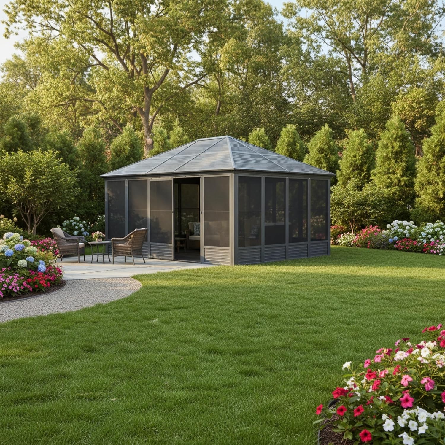 13'(W) x 16.5'(L) Outdoor Sunroom Aluminum Hardtop Gazebo with Galvanized Steel Roof, PVC Screen Walls and Sliding Doors, Gray