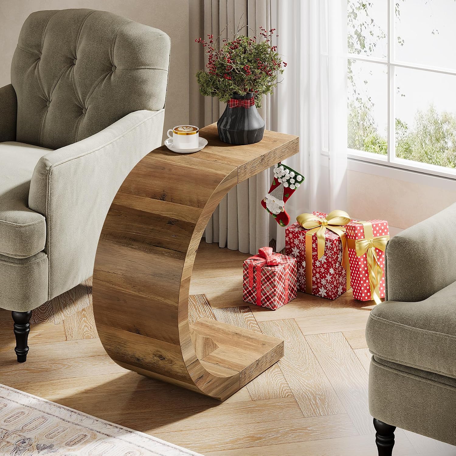 Tribesigns C-Shaped End Table, Side Table for Couch Sofa Living Room Bedroom Small Space, Rustic Brown