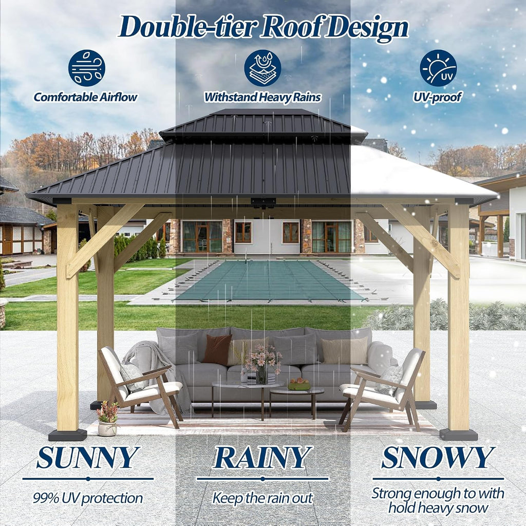 COVERONICS 10FT x 12FT Outdoor Wood Gazebo - Galvanized Steel Hardtop Gazebo with Heavy-Duty Double Roof, Outdoor Wooden Hard Top Gazebo for Garden, Poolside, Deck, Backyard