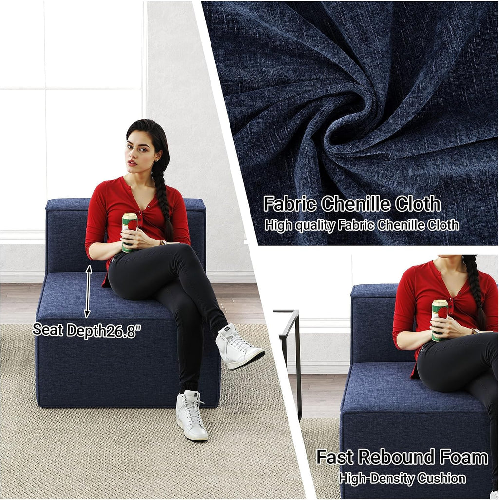 38' Modular Sectional Sofa Convertible Cube Couch Seat Set, Combine L-Shaped U-Shaped, Free Assembly, Space-Saving for Living Room, Thick Foam Fabric Chenille Blue (Only Armless)
