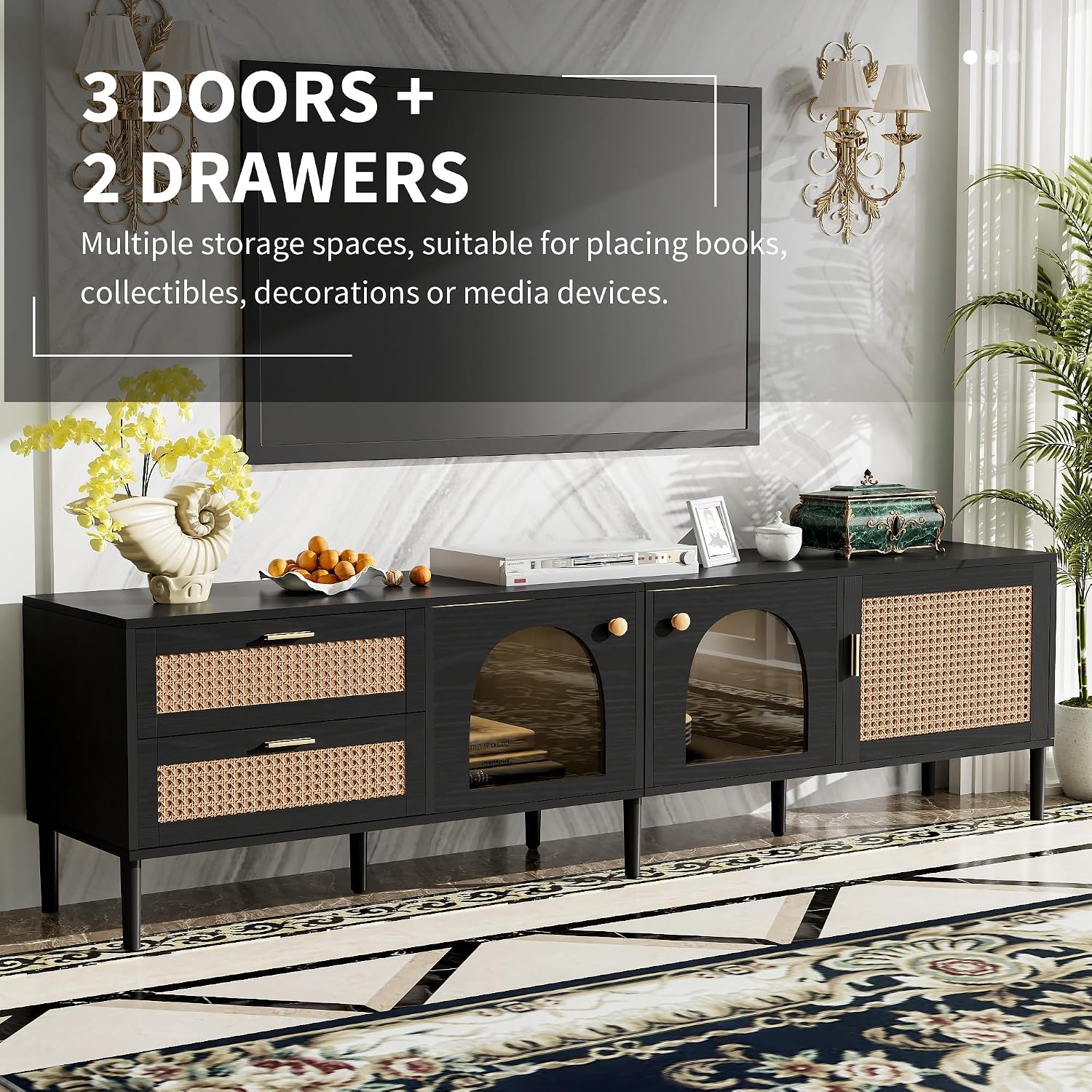 Merax LED TV Stand for TVs up to 80', Boho Entertainment Center with Rattan Decor, Multi-Functional Media Console & 3 Storage Cabinets and 2 Drawers for Living Room, Bedroom, Home Theatre, Black