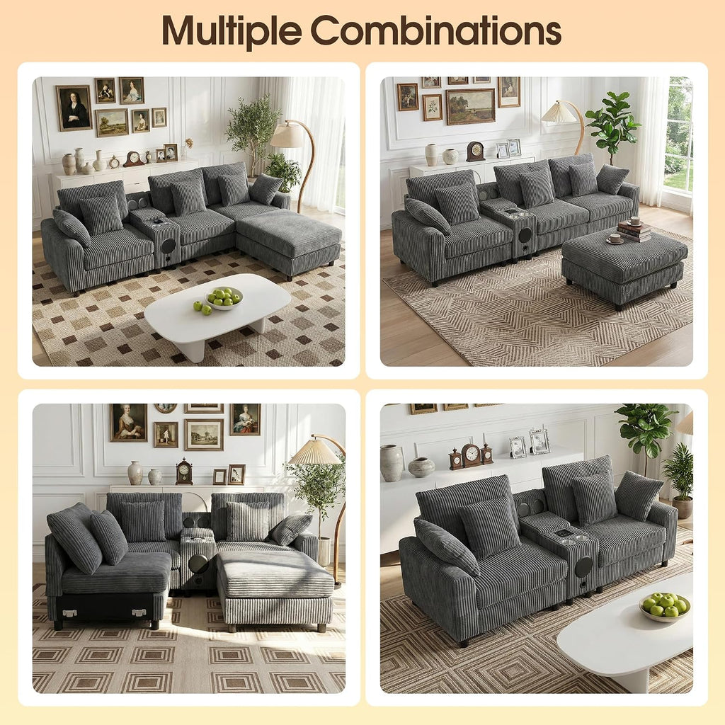 MAKIAAP 114' Corduroy Sectional Modular Couch with Speakers, L Shaped Couches Comfy Deep Sofa with Console, USB Charger, Cup Holders, Storage, Ottoman for Living Room (Gray, 114in)