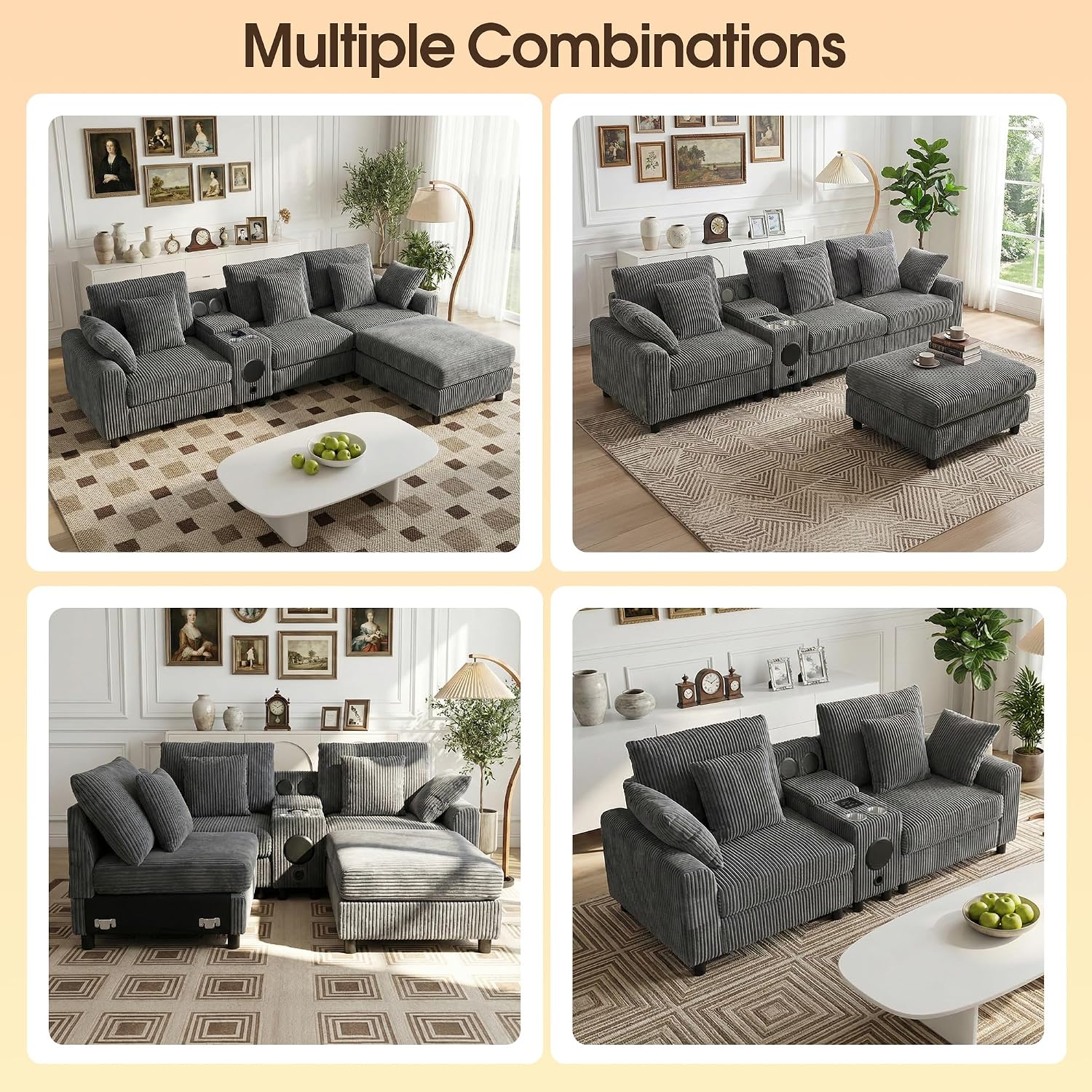 MAKIAAP 114' Corduroy Sectional Modular Couch with Speakers, L Shaped Couches Comfy Deep Sofa with Console, USB Charger, Cup Holders, Storage, Ottoman for Living Room (Gray, 114in)