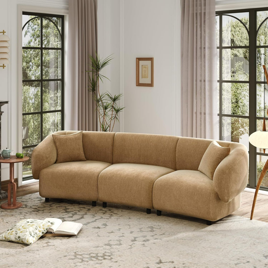 Merax 98.5' Modern 3 Seater Curved Sofa, Luxury Boucle Fabric Sofa, Minimalist Cozy Cloud Couch for Living Room, Bedroom, Apartment, Home Office, Mocha