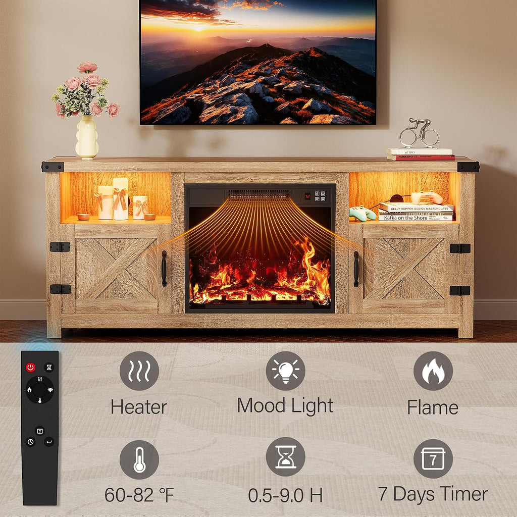 YESHOMY LED Fireplace TV Stand with Mood Lighting, TV Cabinet with Open Shelf, Farmhouse Media Console with Hidden Cable Routing, Entertainment Center for Televisions up to 65+ Inch, Natural Oak