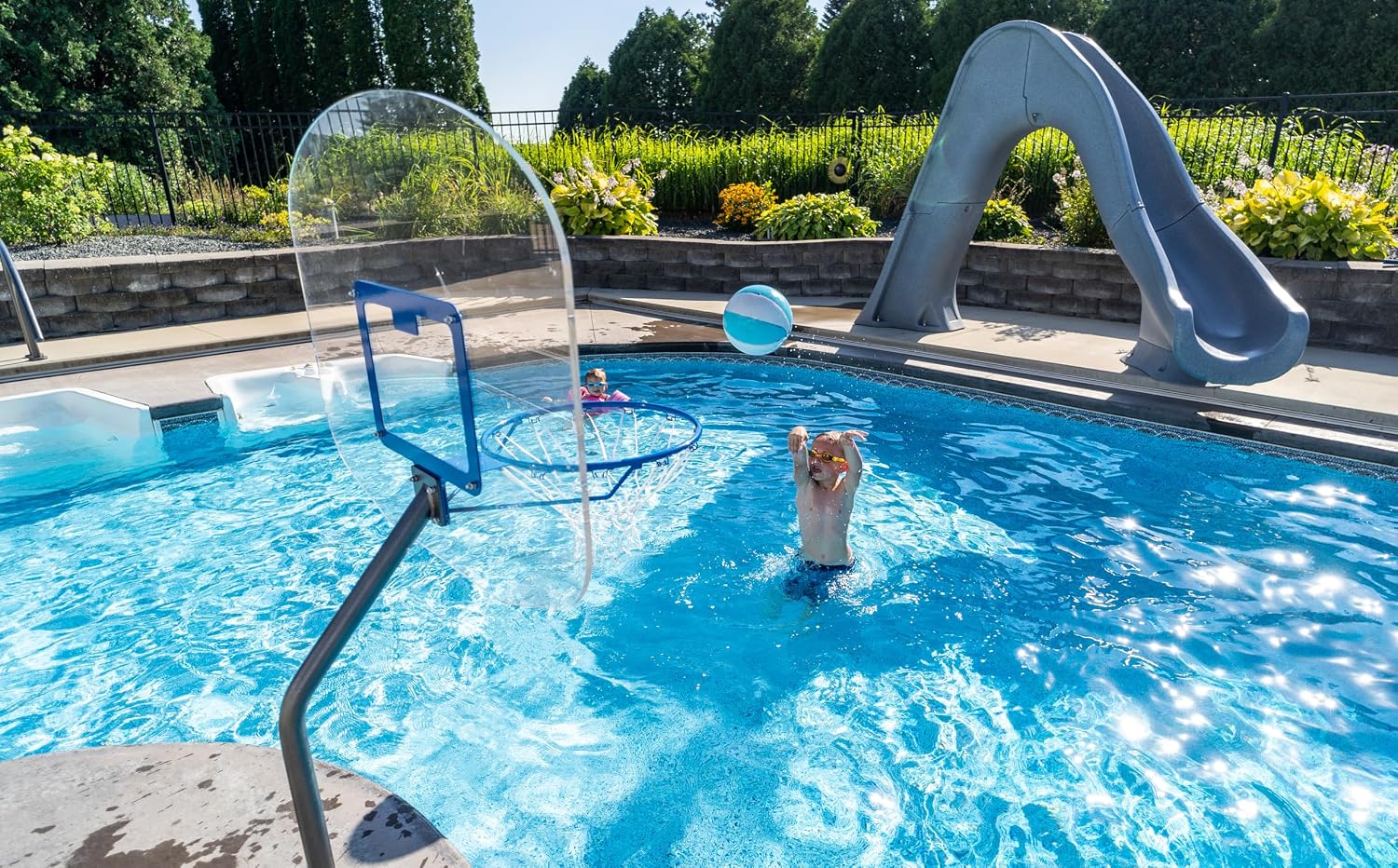 Global Pool Products Heavy Duty Basketball Hoop Set - in-Deck & Deck-Mounted - for Inground Swimming Pool - Stainless Steel Frame - 12' Offset with Net & Ball - GPPOTE-HDBBS-SS